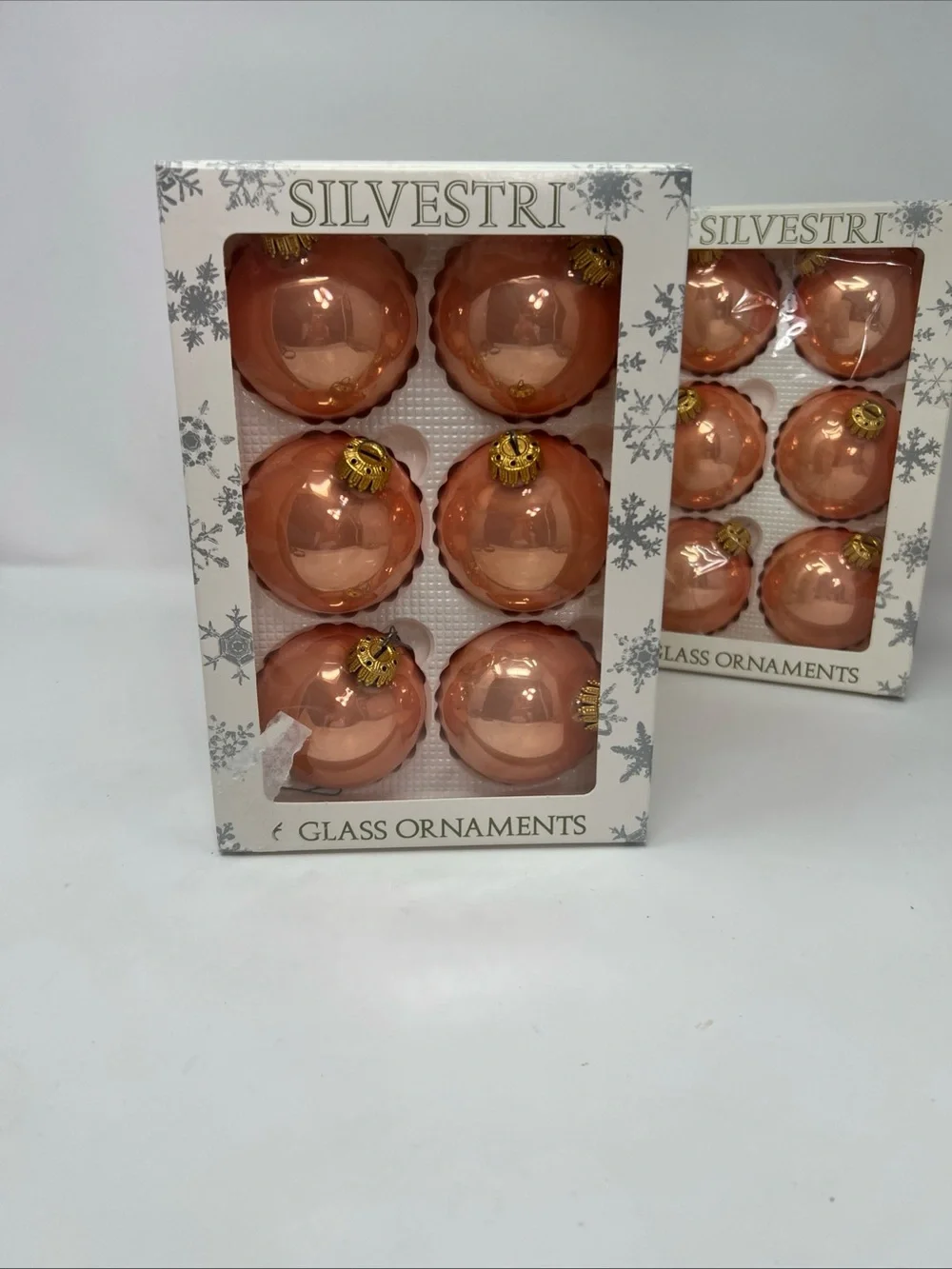 SILVESTRI Rose Gold Peach Glass Ball Christmas Ornaments 3 Boxes 6 Per Box Vtg